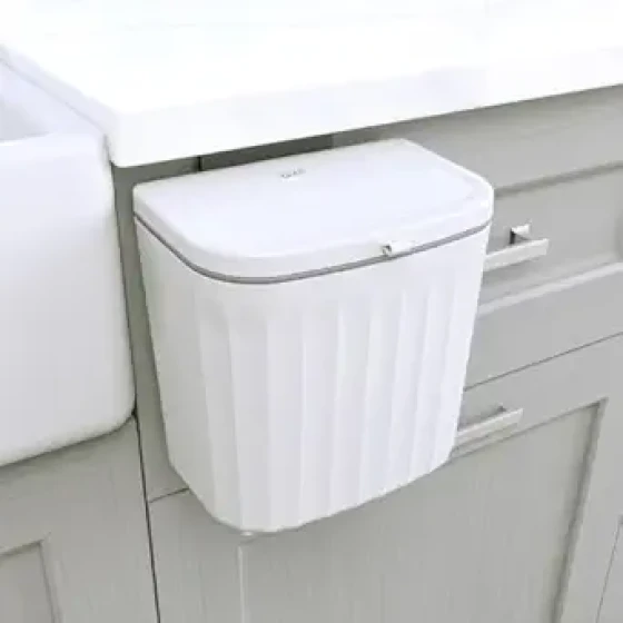 Under Counter Waste Bin | Space Saving Small Trash Can for Kitchen Cabinet, Bathroom or Office | Dual Lid for Ease of Opening, 7 Liter, White