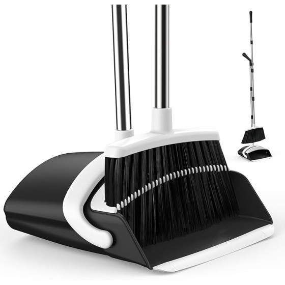 Broom and Dustpan Set for Home, 51-in Long Adjustable Handle Angle Broom and Dustpan Combo Set with Dust Pan Teeth to Clean Hair for Home Kitchen Office Lobby Floor Garden (Black&White)