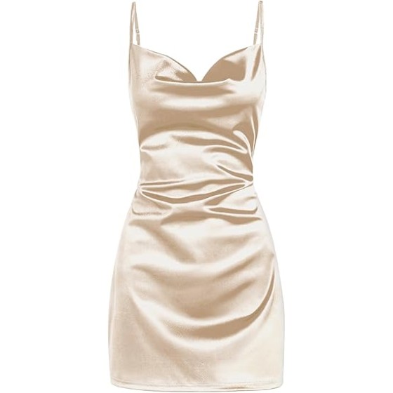 Women's Satin Sleeveless Spaghetti Strap Mini Dress Sexy Slip Cowl Neck Silky Cocktail Party Dresses