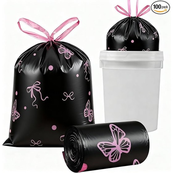 Pink Bow 4 Gallon Trash Bags Lavender Scented, 100 Count - Small Drawstring Garbage Bags No-tearing for Bathroom, Office, Kitchen, Home, Outdoor Camping