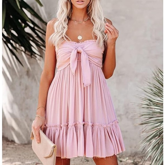 Women's Summer Cotton Boho Beach Sleeveless Tie Front Mini Dress Tube Top Dress