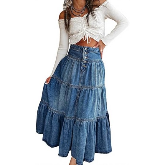 Women's High Waist Long Denim Skirt Button-Fly Tiered Ruffle Swing A-Line Jean Maxi Skirt with Pockets