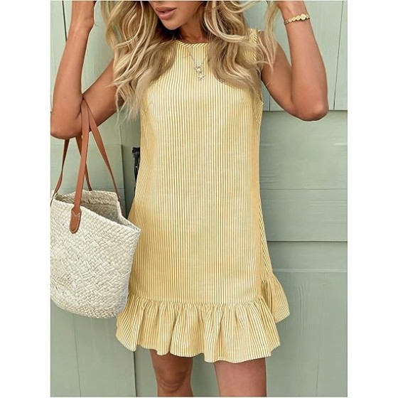 Women's Striped Print Sleeveless Ruffle Tunic Dress Summer Swing Flowy Mini Dresses