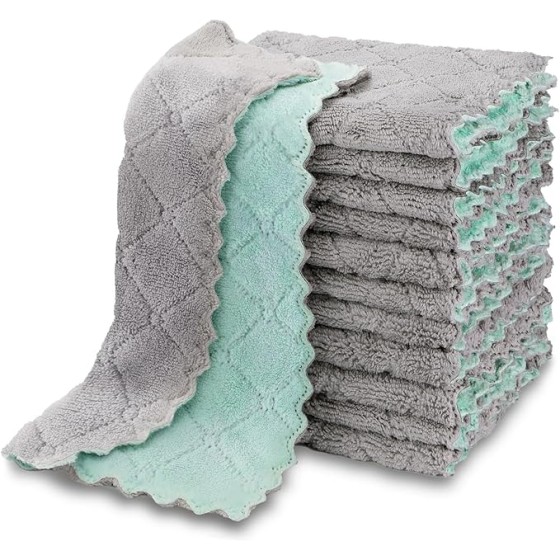 Kitchen Towels, 12 Pack Absorbent Coral Fleece Dish Towels, No Odor Reusable Dish Cloths, Microfiber Cleaning Cloths, Fast Drying Dishcloths, 6.3" x10.4"