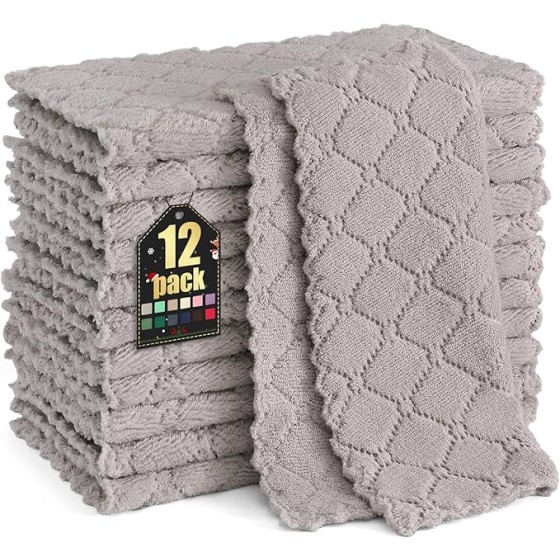 12 Pack Kitchen Dish Cloths (10 x 10 Inches, Grey), Super Soft and Absorbent Coral Velvet Dish Towels, Nonstick Oil Fast Drying Microfiber Cleaning Cloth, No Lint Household Dishcloths