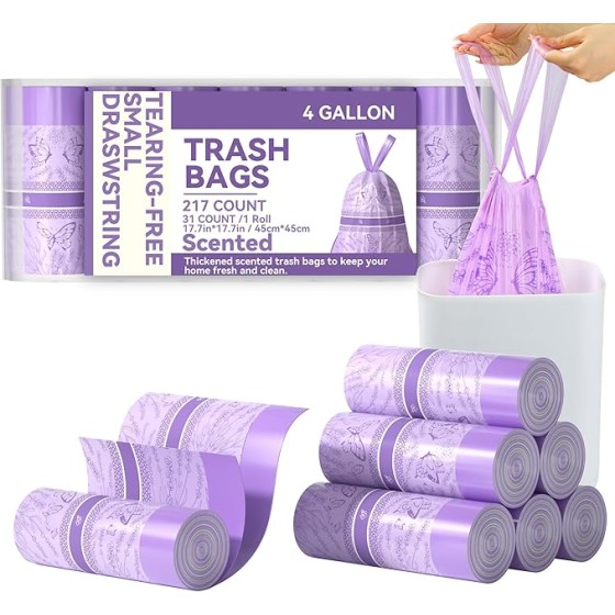 4 Gallon Small Trash Bags No-Tearing Drawstring Strong Garbage Bags Lightly Scented Bathroom Trash Bag 217 Count for Home, Office, Kitchen,Outdoor Camping